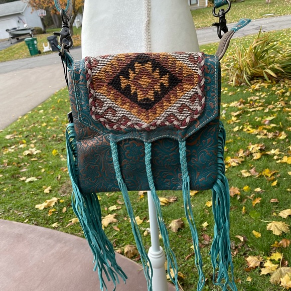 Myra Bag Handbags - NWT Stunning Crossbody Genuine Leather- Turquoise with a Rose Gold Tooling